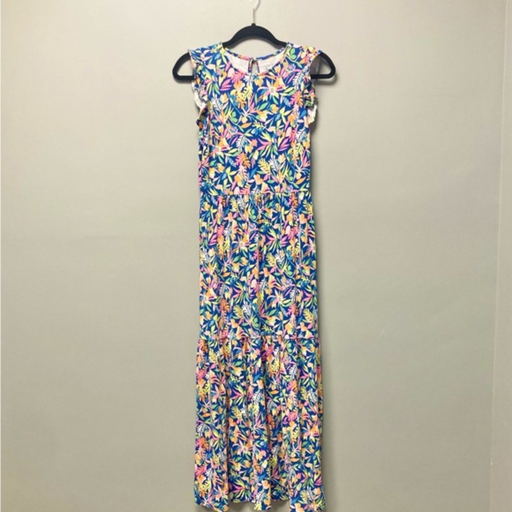LOFT Beach Womens Small Blue Tropical Floral Ruffle Tiered Maxi Dress Jersey - Picture 1 of 5